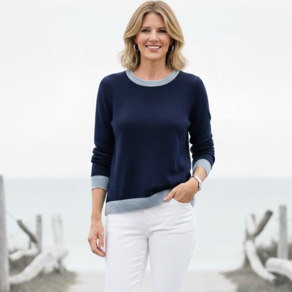STS Sail To Sable Soft Wool/Cashmere Colorblock Crewneck Sweater, Navy M NWT - Picture 1 of 6